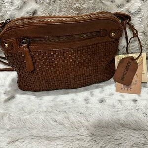 Vintage Look Genuine Leather Handwoven Brown Crossbody Bag